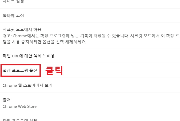 메뉴에 확장 프로그램 옵션 보임