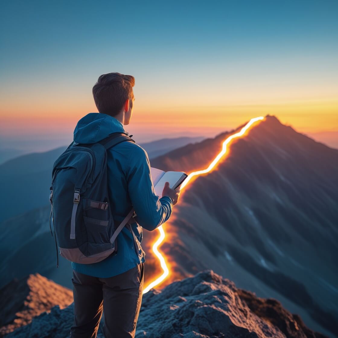 산에서 목적지를 정하고 행동하는 청년의 모습