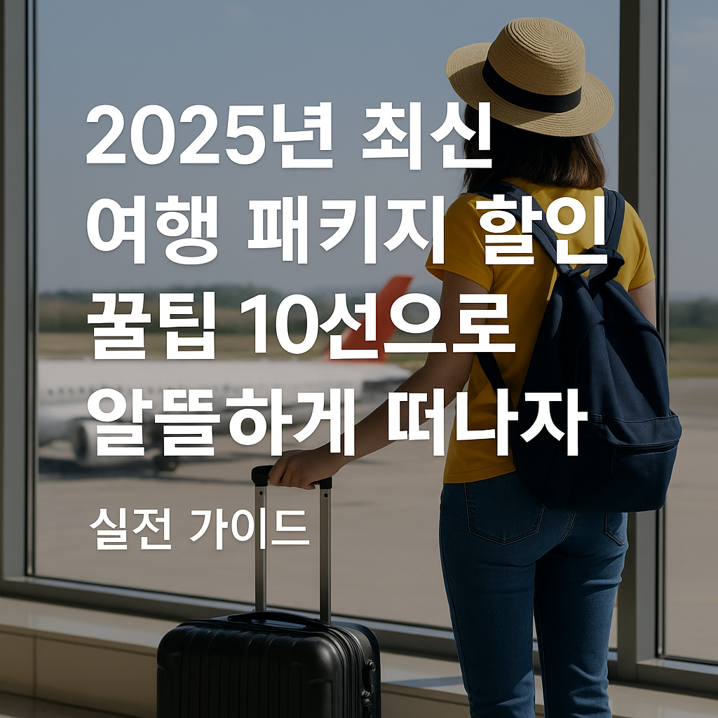 공항 창가에서 여행 가방을 끌며 비행기를 바라보는 여성&amp;#44; 2025년 여행 패키지 할인 팁 안내 문구가 화면에 표시됨