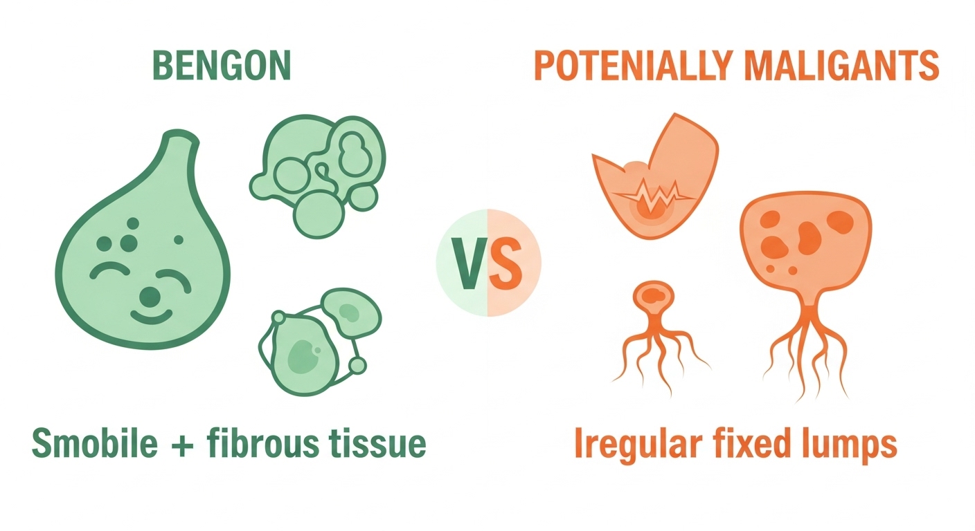 유방의 양성 변화와 악성 변화를 시각적으로 비교하는 인포그래픽, 주요 증상들을 아이콘과 색상으로 설명합니다.