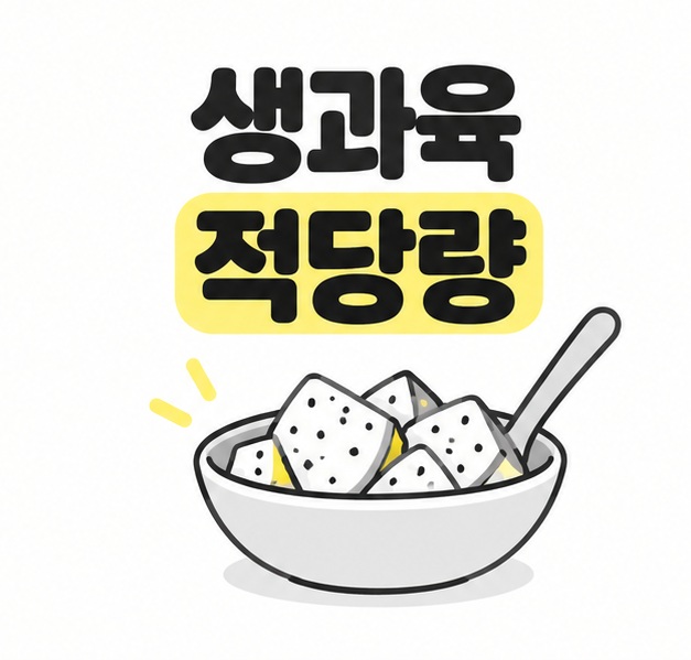 생과육을 적당량 먹자는 문구와 용과 조각을 담은 작은 그릇, 숟가락 그림
