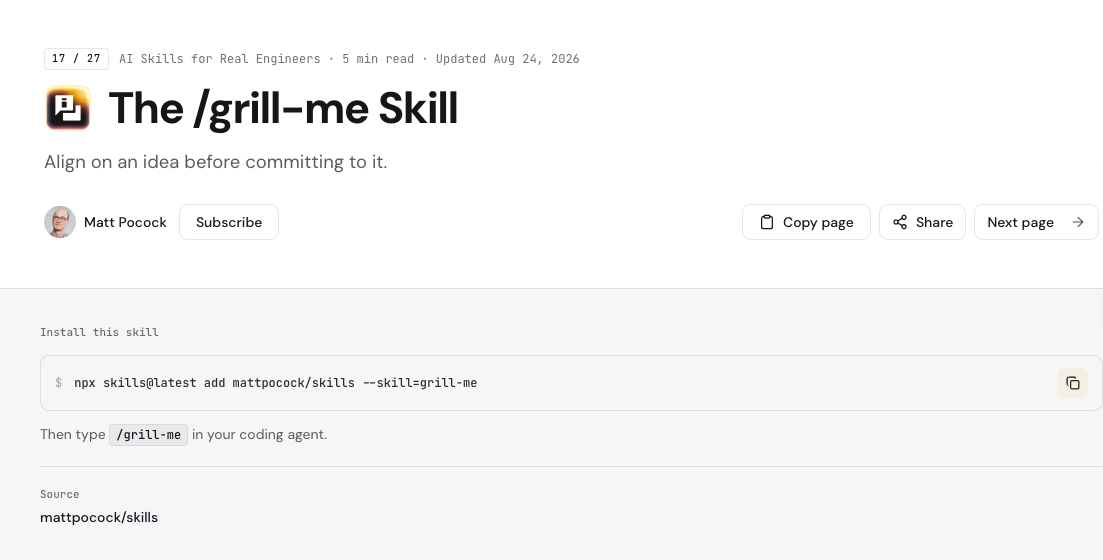 AI Hero grill-me 공식 페이지의 설치 명령어 npx skills@latest add mattpocock/skills --skill=grill-me
