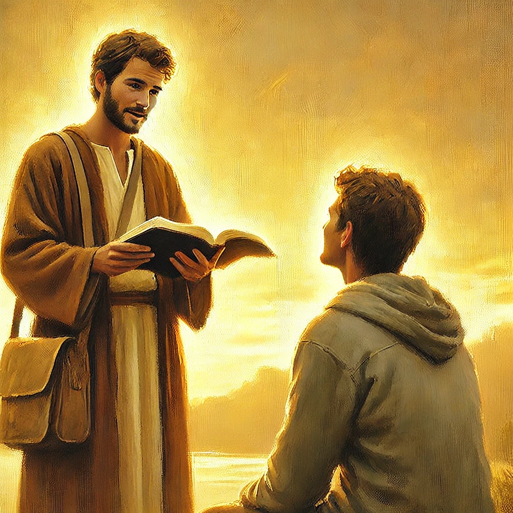 창세기 6장 5-6절을 묵상하며, 세상의 이기심을 버리고 하나님의 말씀과 복음을 전하는 모습을 표현한 것입니다. 따뜻한 빛이 감도는 평온한 야외에서, 한 사람이 진지하게 성경을 펴고 복음을 나누는 순간을 담아내어 하나님의 뜻을 따라 살아가려는 결단을 나타내고 있습니다. 🙏✨📖