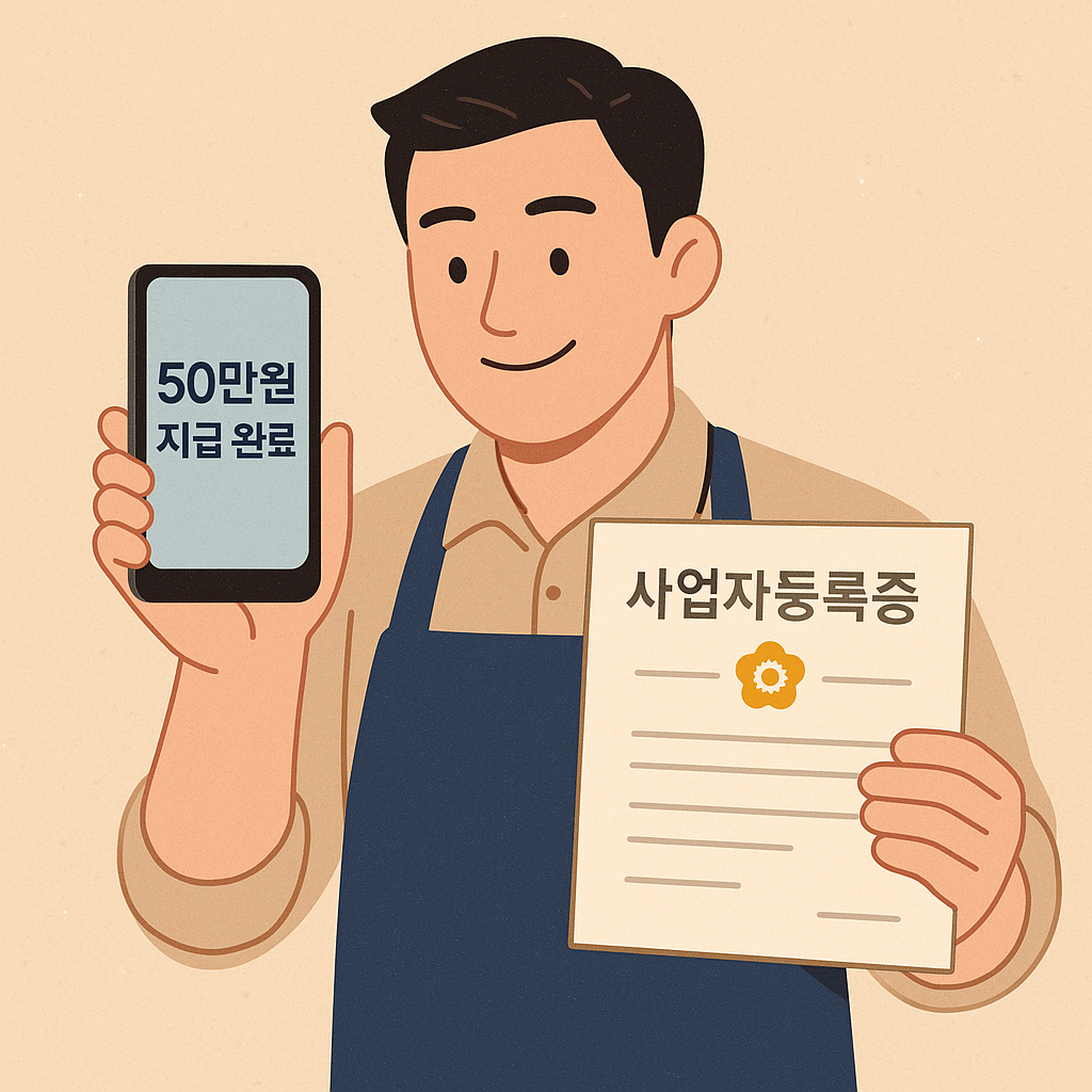 사업자등록증을-들고-스마트폰-화면에-표시된-‘50만원-지급-완료’-문구를-확인하는-자영업자-일러스트
