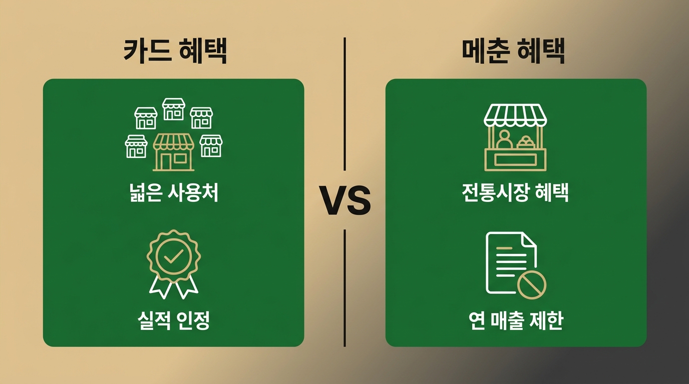 사용처 범위, 실적 인정, 매출 제한 등 카드와 지역상품권의 주요 차이점 비교 인포그래픽