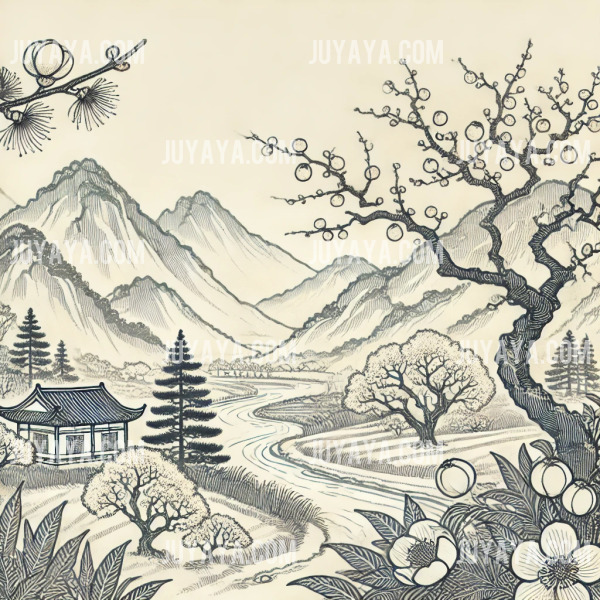 동양 전통 풍경 속에서 자두와 능금 나무가 산과 강을 배경으로 어우러진 장면.