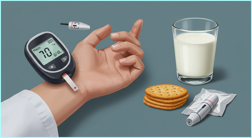 손목에 혈당 측정기를 착용한 손과 70mg/dL 수치가 보이는 화면&amp;#44; 그리고 우유와 크래커가 있는 이미지로&amp;#44; 저혈당 응급 대처 후 혈당 측정 및 추가 간식 섭취 단계를 나타냅니다.