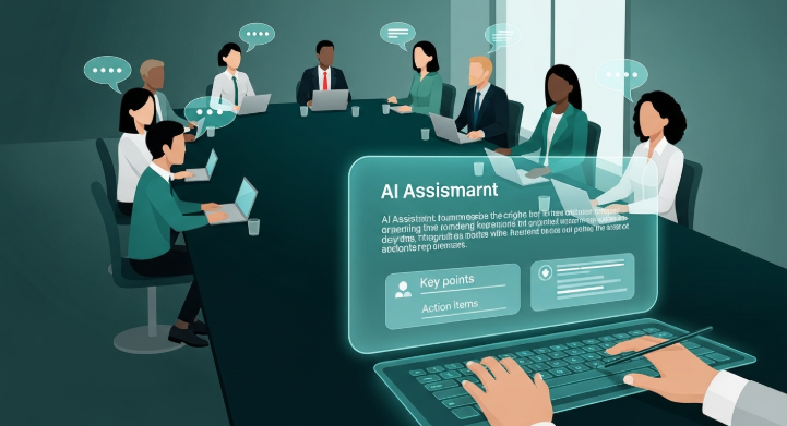 AI가 회의 내용을 실시간으로 텍스트 전환하고 핵심 내용을 요약하는 모습. 스마트 회의록 작성 자동화.
