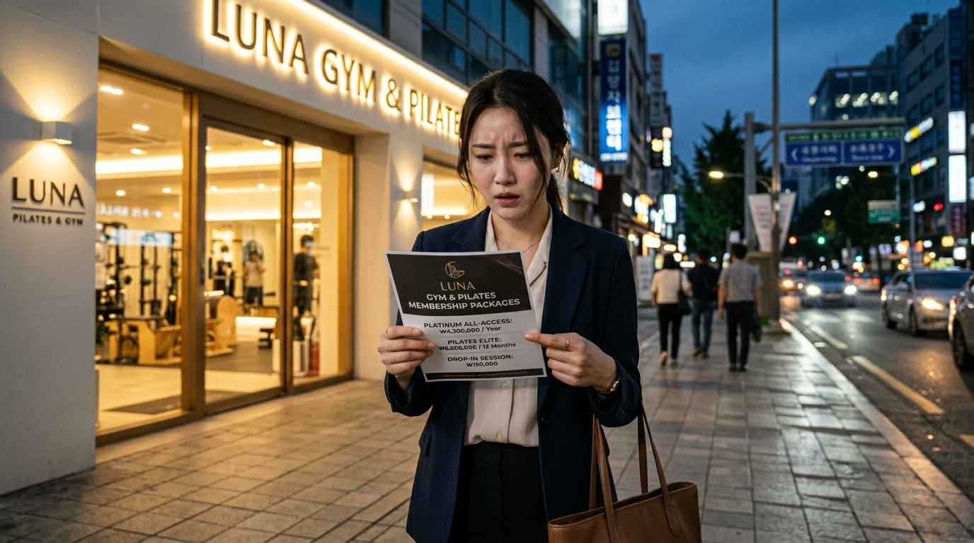 비싼 헬스장 등록비와 필라테스 전단지를 보며 절망하는 직장인 여성