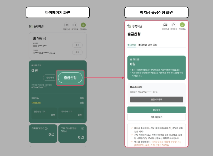 모바일 로또 예치금 출금신청 화면