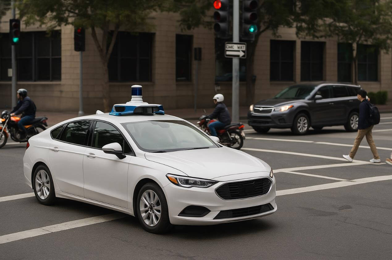 도심 교차로에서 자율주행 시험 차량이 주행 중인 장면.