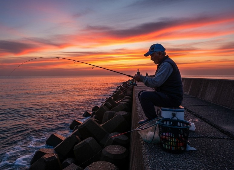 일몰에 루어낚시하는 사진
