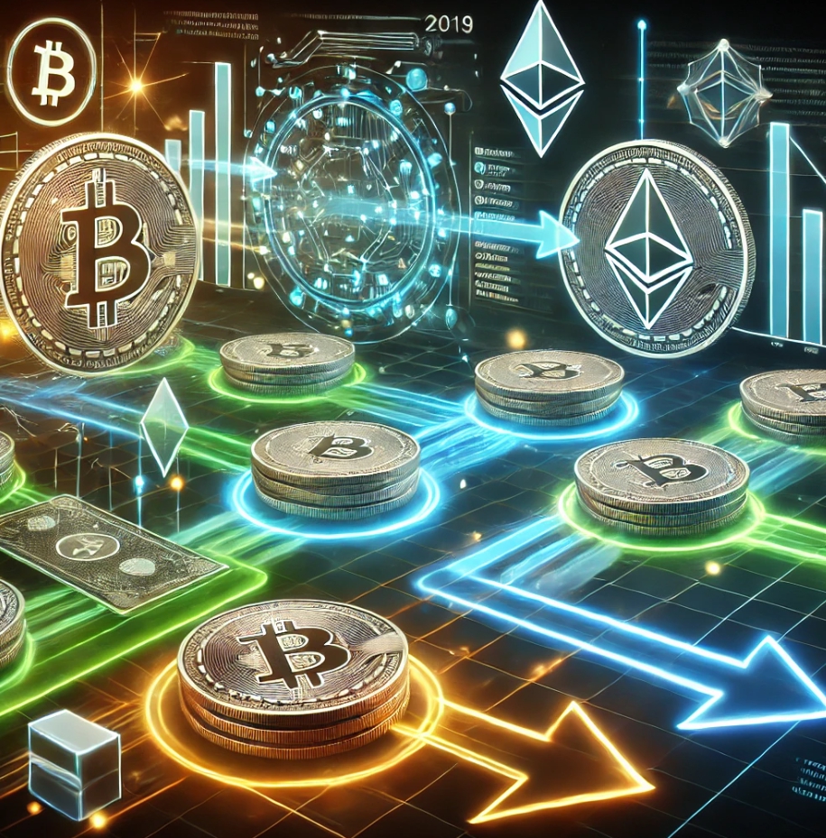 비트코인 이더리움의 흐름을 화살표로 가리키며 보여준다.