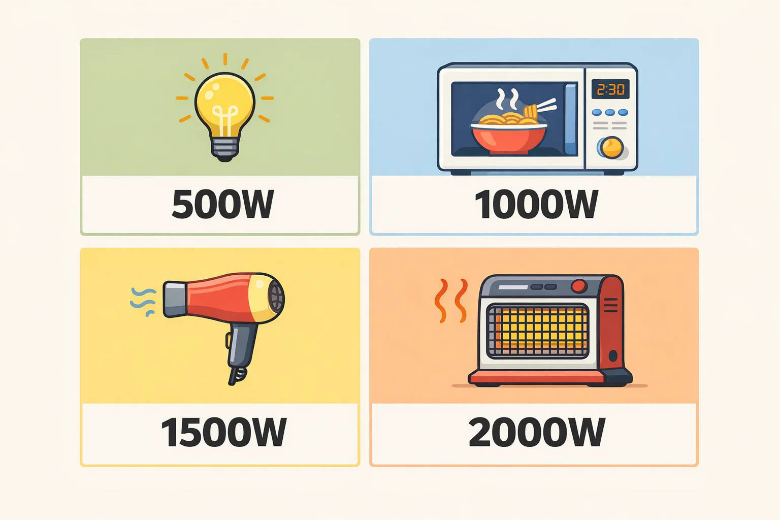 전기히터 전기요금을 500W 1000W 1500W 2000W 소비전력별로 비교해 하루 5시간 사용 시 월 비용 차이를 보여주는 계산 사례 이미지입니다