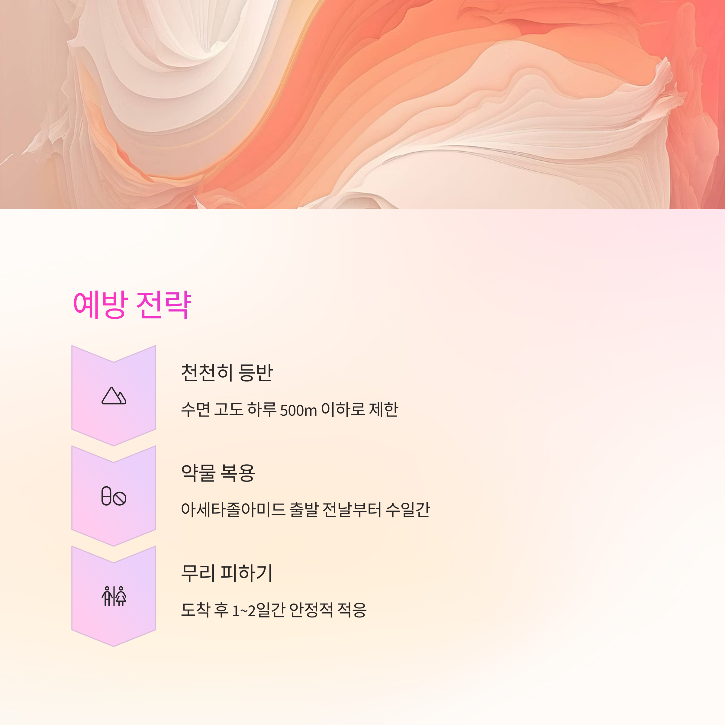 고산병 예방 전략에 대한 정보를 제공하는 이미지로, 천천히 등반, 약물 복용, 무리 피하기에 대한 내용이 포함됨