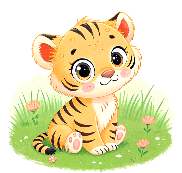 갈색털을 가진 아기 호랑이가 앉아 있다. 매우 귀엽게 생긴 아기 홀랑이다.