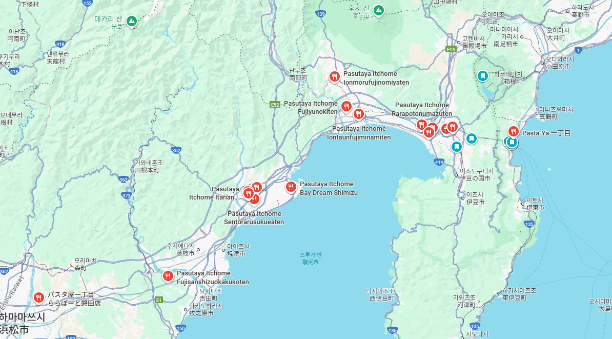 시즈오카 전역에 위치한 파스타야 잇쵸메 매장 지도, 여행 중 가까운 지점 확인 가능