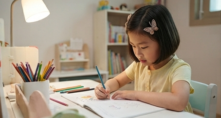 아이가 종이에 목표와 상대방 마음을 적어보는 모습
