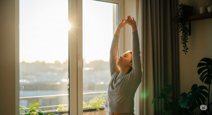 아침에 일어나서 스트레칭을 하고 있는 사람의 모습