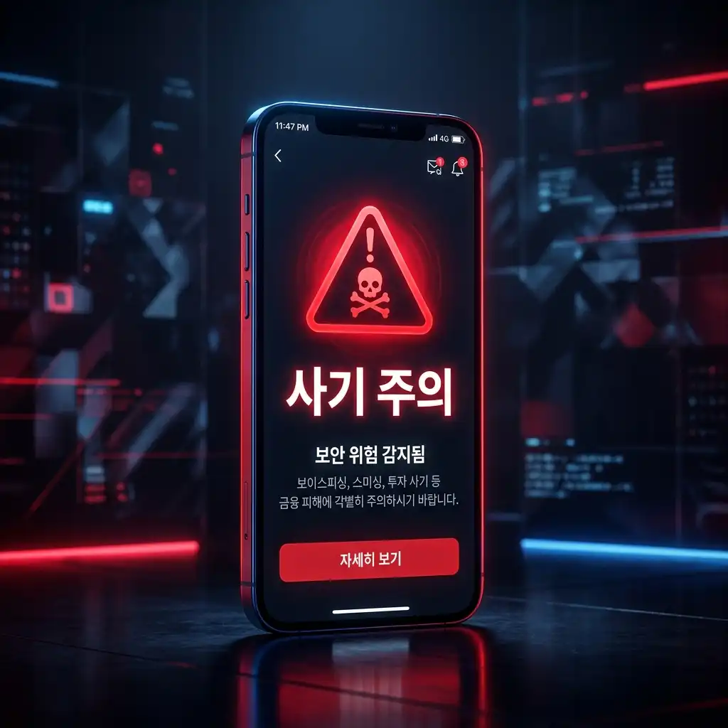인테리어 사기꾼들이 상담 시 자주 사용하는 위험한 영업 멘트를 경고하는 스마트폰 알림 3D 이미지입니다.