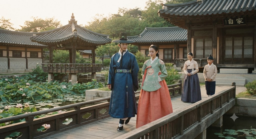 본문은 '아래(下)'라는 공간적 은유를 통해 위계를 표현하는 다른 경칭들과 달리, '자가(自家)'라는 호칭이 가진 고유한 의미를 분석한다. 이미지는 조선시대 왕실의 정원, 후원에서 대군과 공주가 나란히 걷는 모습을 담고 있다. 이들은 왕비나 세자(전하)보다는 격식이 낮지만 고위 관료(각하)보다는 높은 지위의 중간 왕족층이다. '자가'는 이들이 '왕가에 속한 사람'임을 나타내는 귀속감을 표현하는 호칭임을 시각적으로 보여준다.