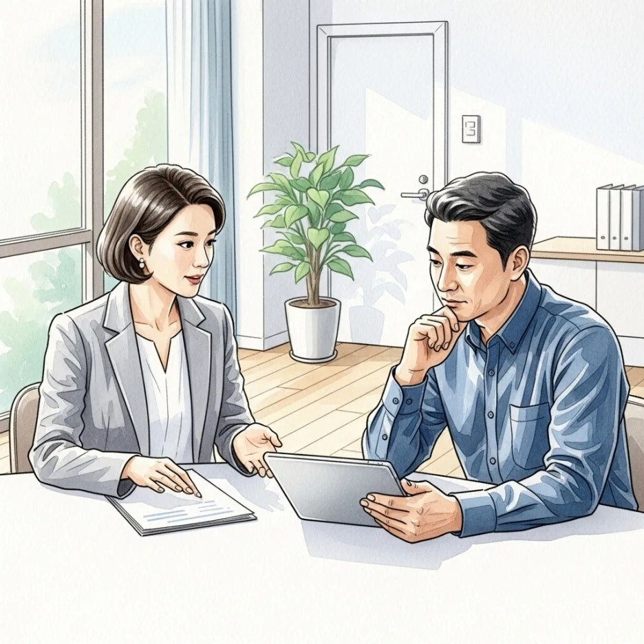 부동산 전문가와 오피스텔 계약을 상담하는 모습.