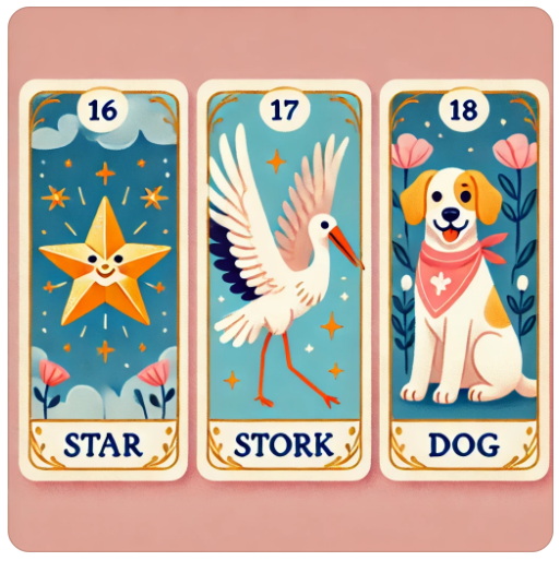 레노먼드 타로카드: 18번 별, 19번 황새, 20번 개 카드