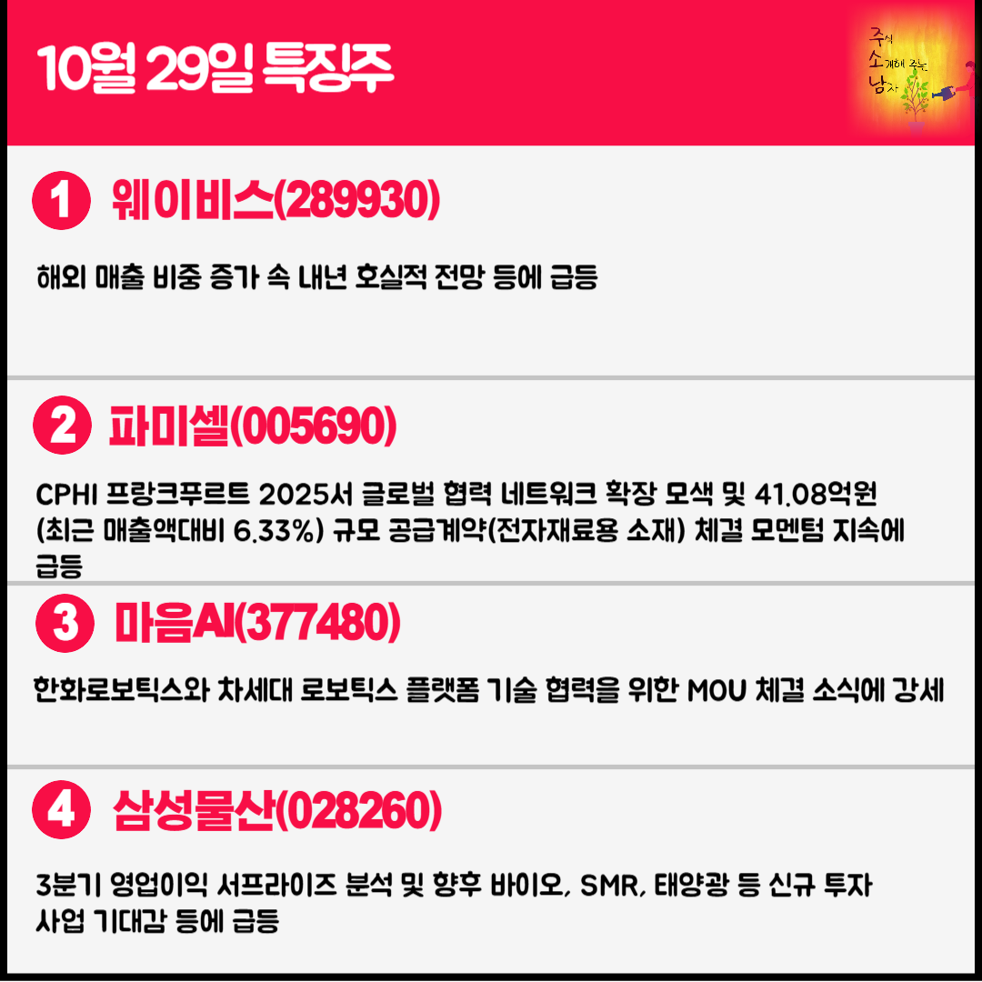 10월 29일 오늘의 특징주