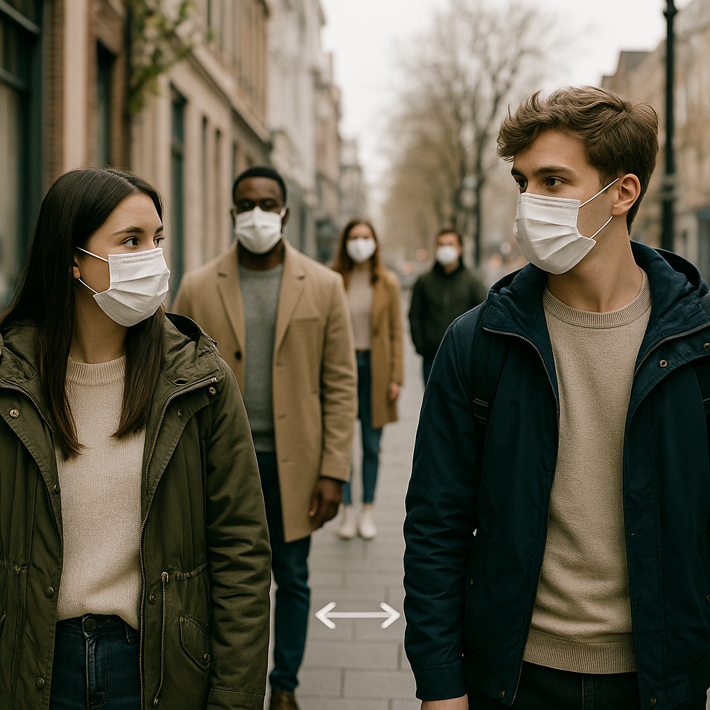 마스크를 쓰고 간격을 두고 서있는 사람들의 모습