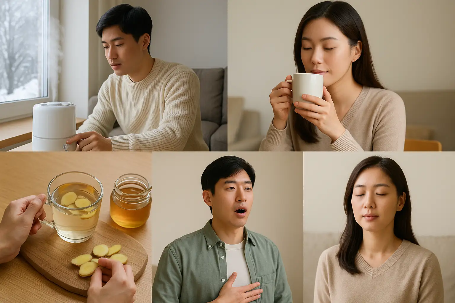 가습기를 켜는 겨울철 실내 장면, 따뜻한 물을 마시는 여성, 복식 호흡으로 말하는 사람, 생강차나 꿀물을 준비하는 장면, 성대 휴식을 위해 조용히 침묵하는 모습