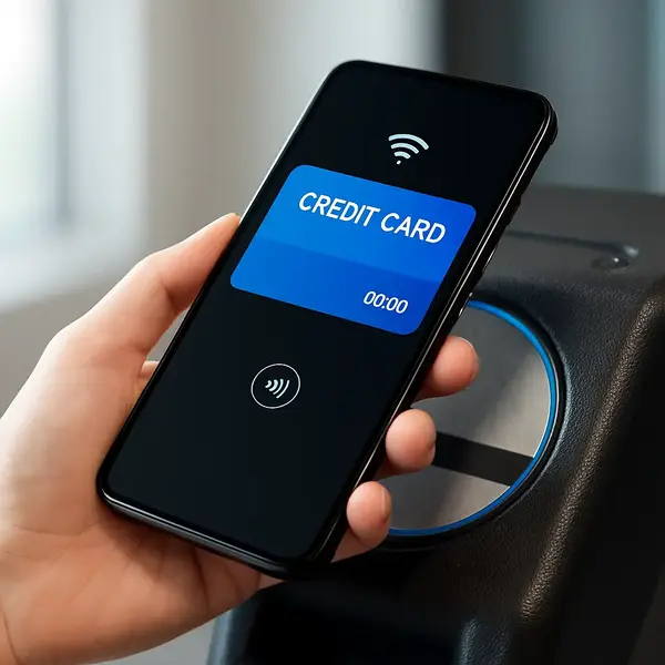 스마트폰으로 교통 결제 단말기에 애플페이 티머니를 터치하는 장면을 예시로 만든 이미지