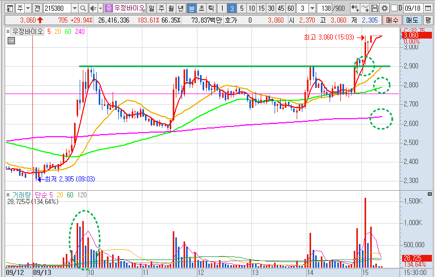 우정바이오 주가 3분봉 차트 분석