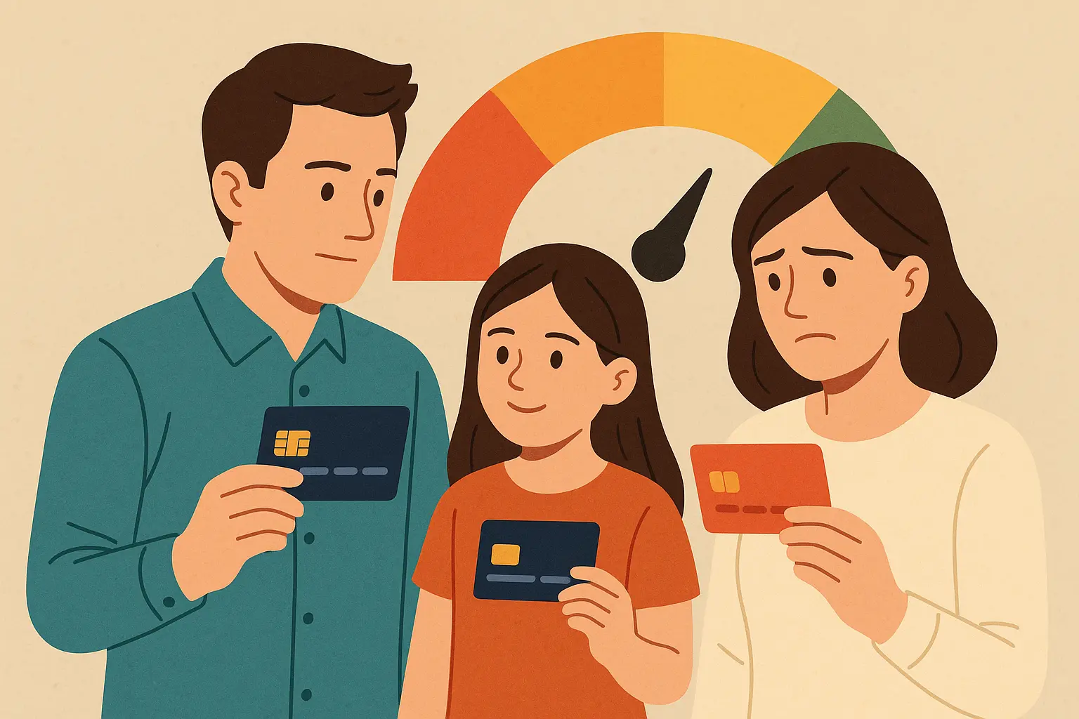 가족카드-사용이-신용등급에-어떤-영향을-미치는지-가족의-표정과-신용점수-게이지로-상징적으로-표현한-금융-컨셉-일러스트