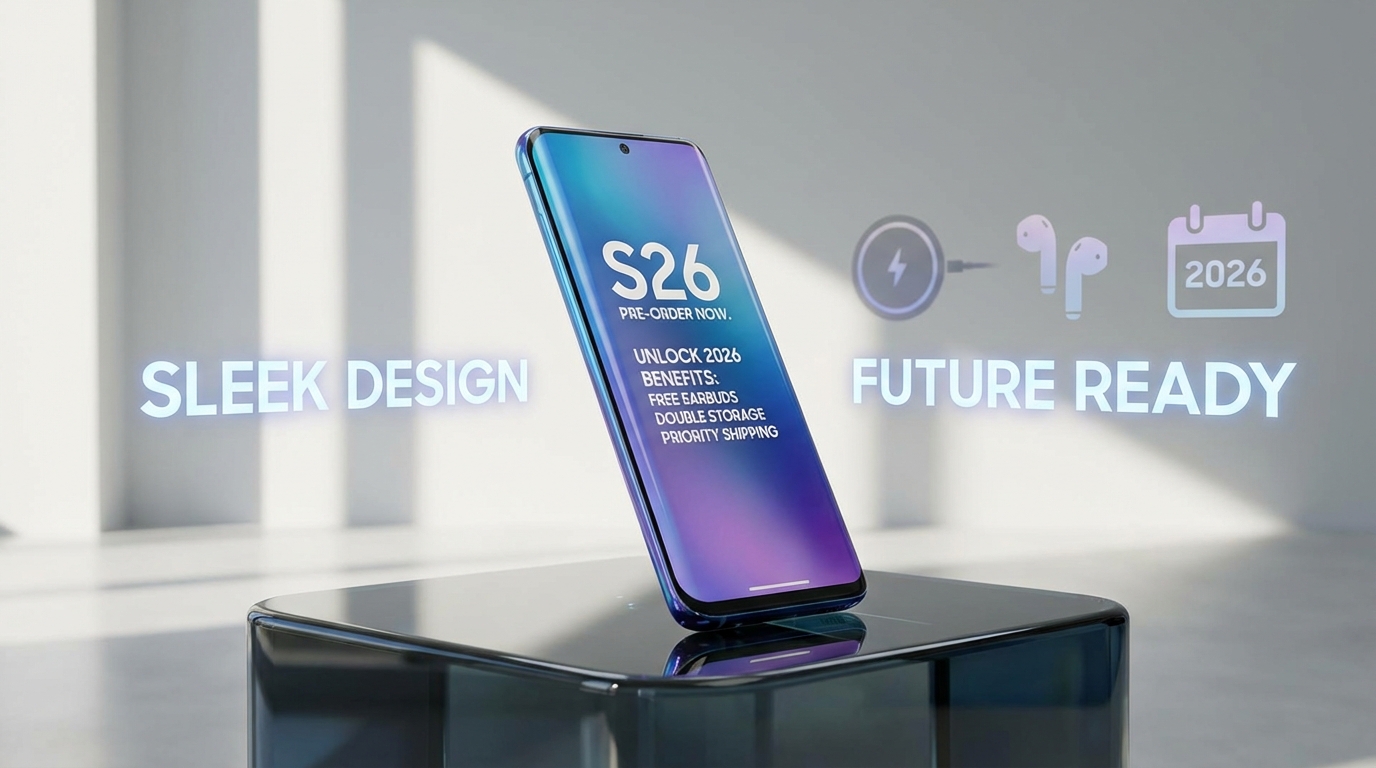 갤럭시 S26 스마트폰의 세련된 디자인과 2026년 사전예약 혜택을 강조하는 메인이미지
