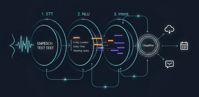 음성 파동이 텍스트로 변환되고 의미를 분석하여 의도를 파악하는 과정을 보여주는 인포그래픽. STT, NLU, Intent 단계를 거쳐 사용자 음성이 특정 서비스 아이콘으로 연결되는 기술적 흐름도