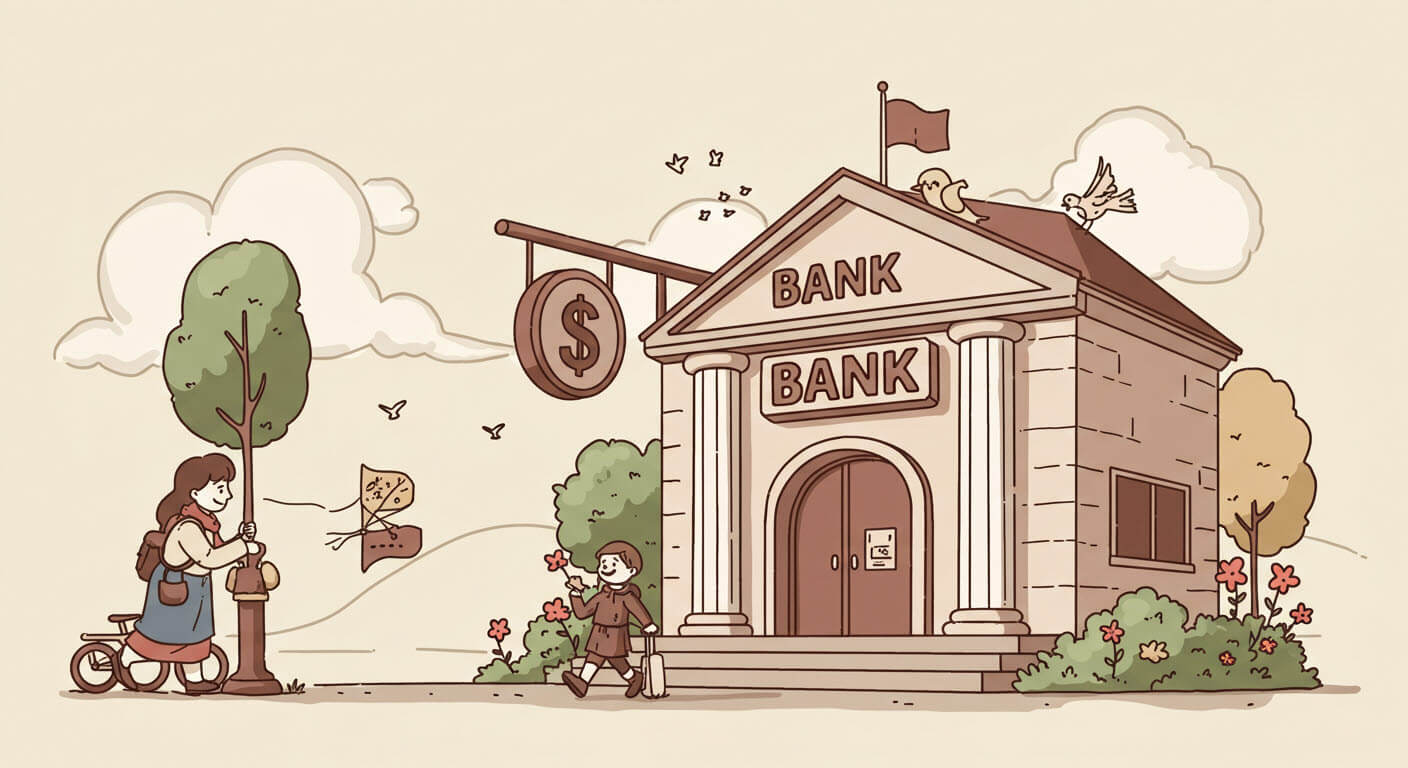 은행이 있고 아이와여자분이 은행에 기분 좋겠 들어갔다 나왔다 하는것 같은 삽화