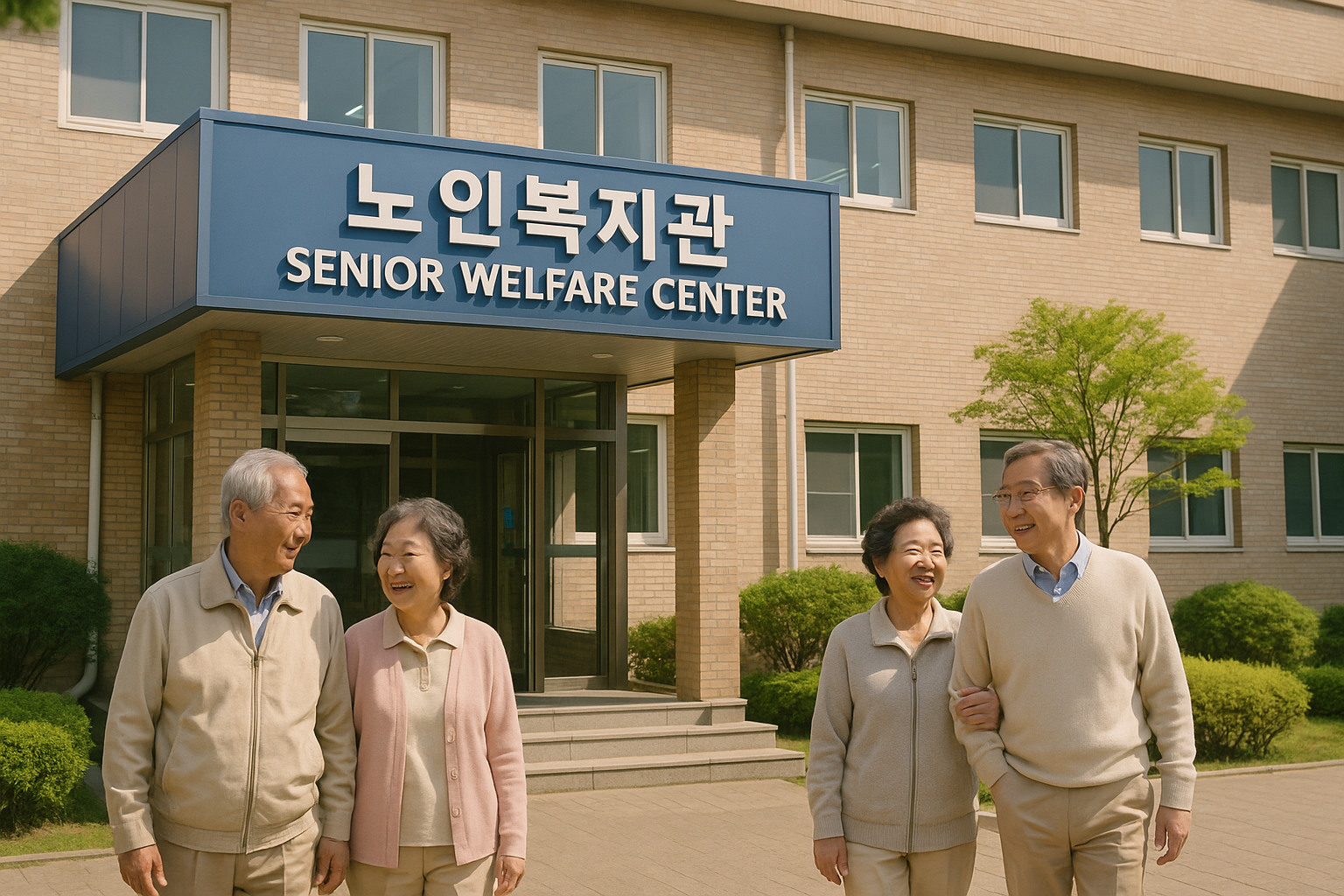 노인복지관을 배경으로 복지관 앞에 두 쌍의 노년 부부가 활짝 웃고 있는 모습