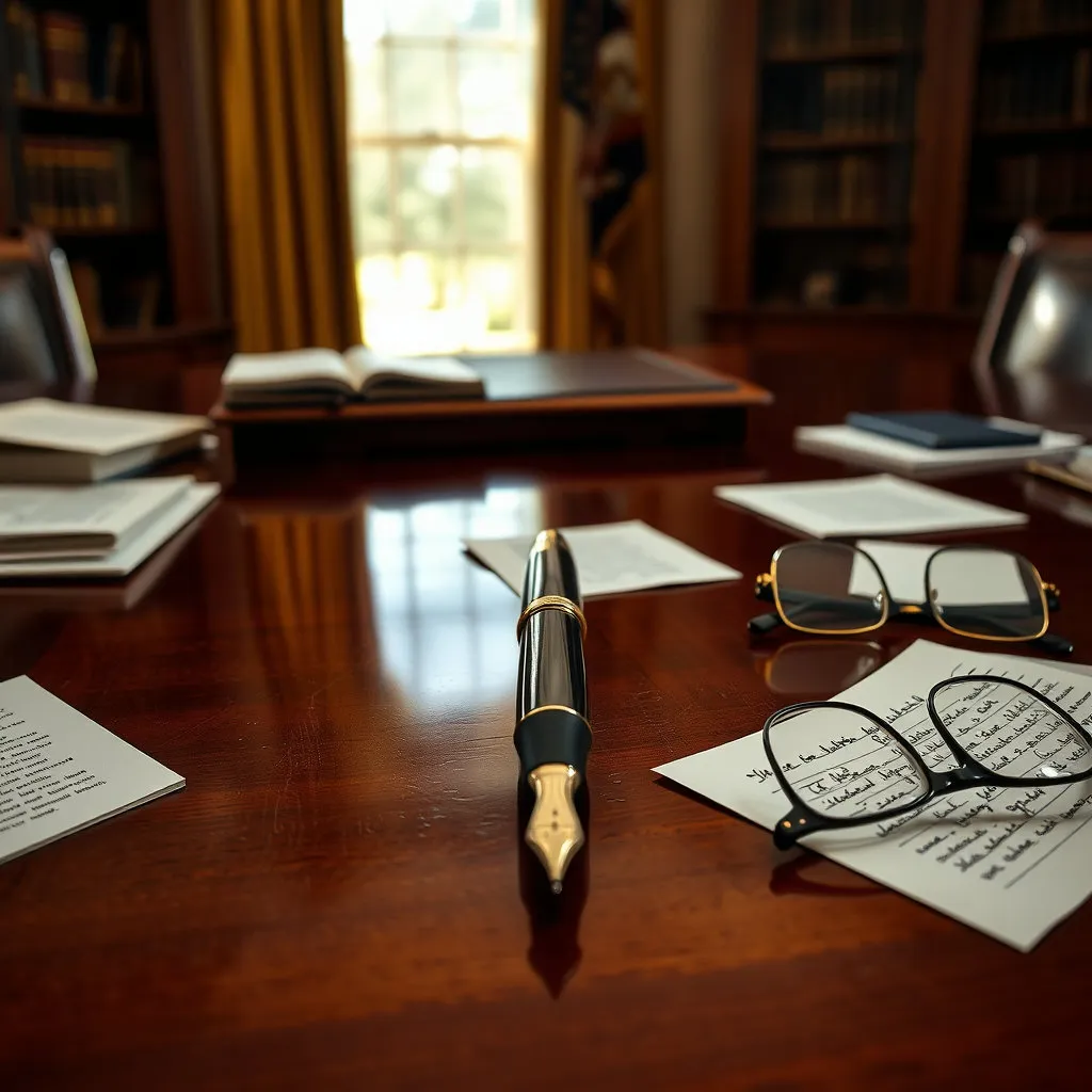 대통령의 일상 속 만년필의 모습을 보여주면서, 국가의 리더로서 개인적인 고뇌와 함께 중요한 결정을 내리는 순간을 상상하게 합니다. 서류 더미 사이나 안경 옆에 놓인 만년필 등이 될 수 있습니다.