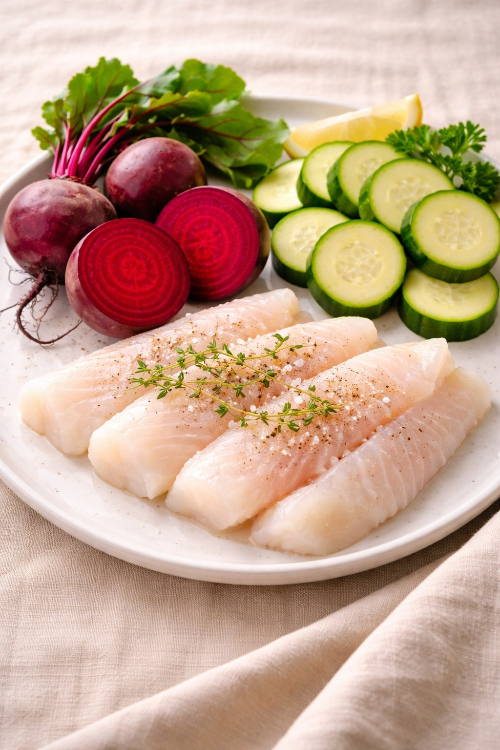 완료기 이유식 대구살 비트 애호박 진밥 식재료 세팅 사진