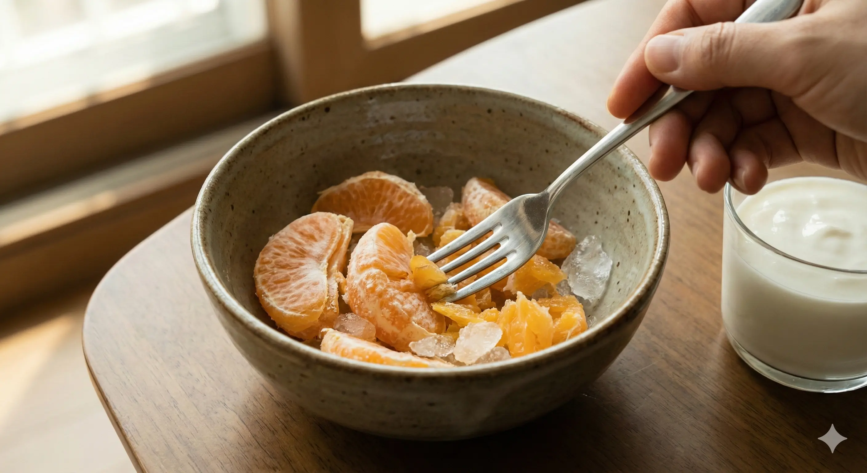 냉동 귤 과육을 포크로 으깨고 요거트를 넣기 전 과정 사진