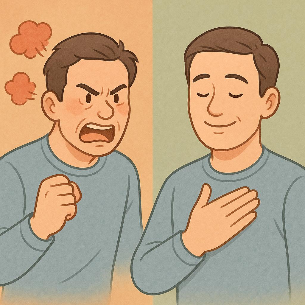 분노조절 극복전략을 실천하여 온화한 상태를 유지하는 중년의 이미지 만화체 그림