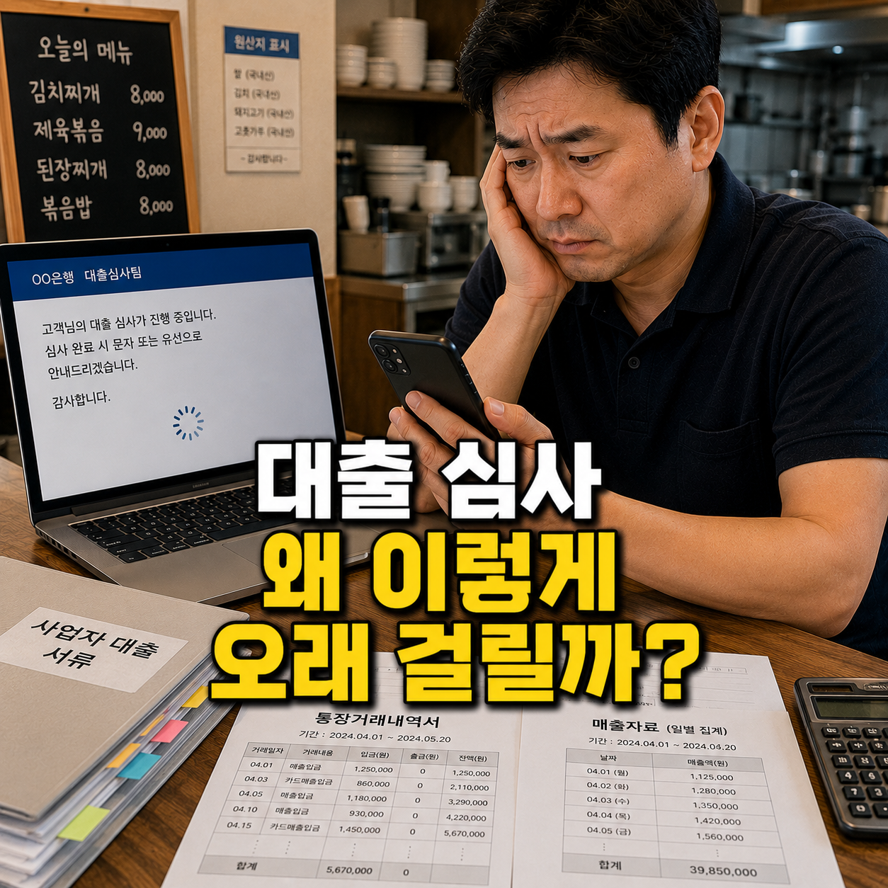사업자 대출 심사가 오래 걸려 은행 연락을 기다리며 서류와 매출자료를 확인하는 소상공인 사장 모습