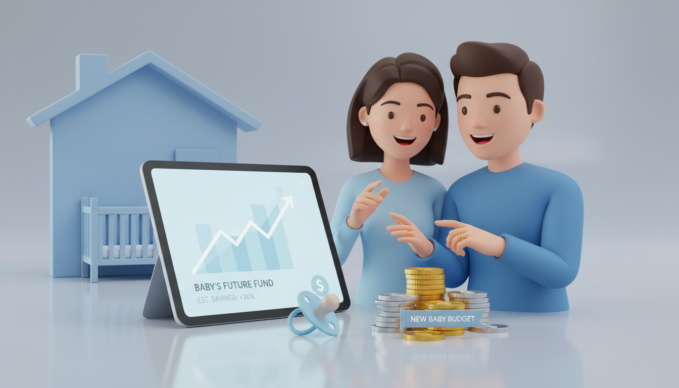 2026년 육아휴직급여 250만원 인상 소식에 기뻐하는 30대 맞벌이 부부의 모습