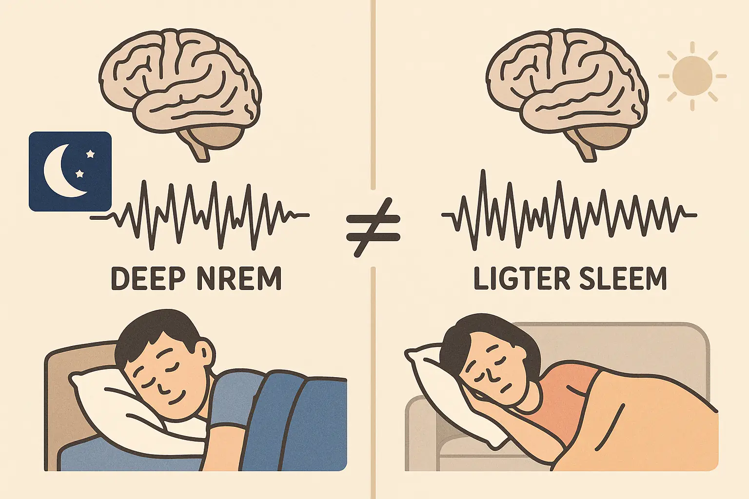 한쪽에는 자정 이전 숙면 중 깊은 NREM 수면이 강조된 뇌파 그래프, 다른 쪽에는 낮잠을 자지만 얕은 수면만 유지되는 모습