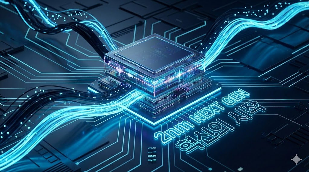 차세대 2나노 프로세서의 혁신적인 성능을 상징하는 반도체 칩 디자인 이미지