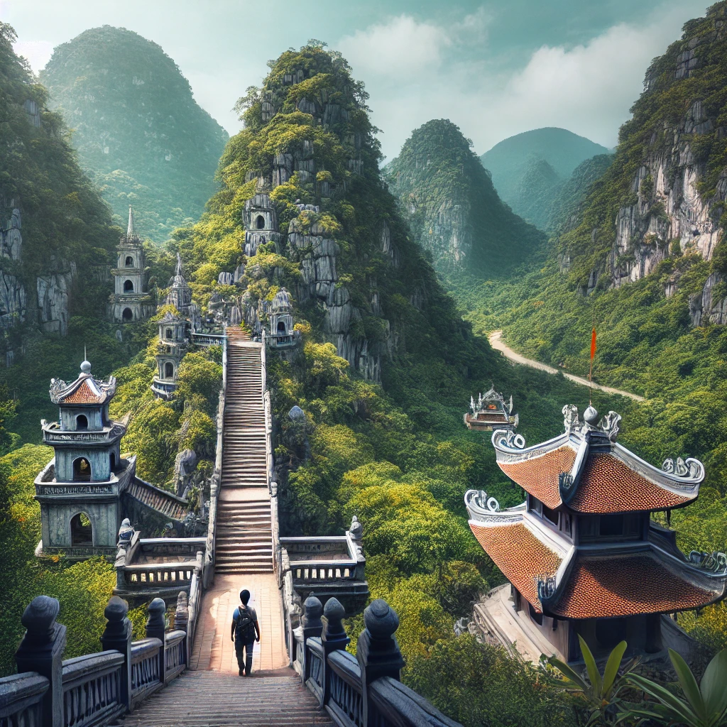 오행산(Marble Mountains)의 웅장한 전경과 계단을 오르는 여행자