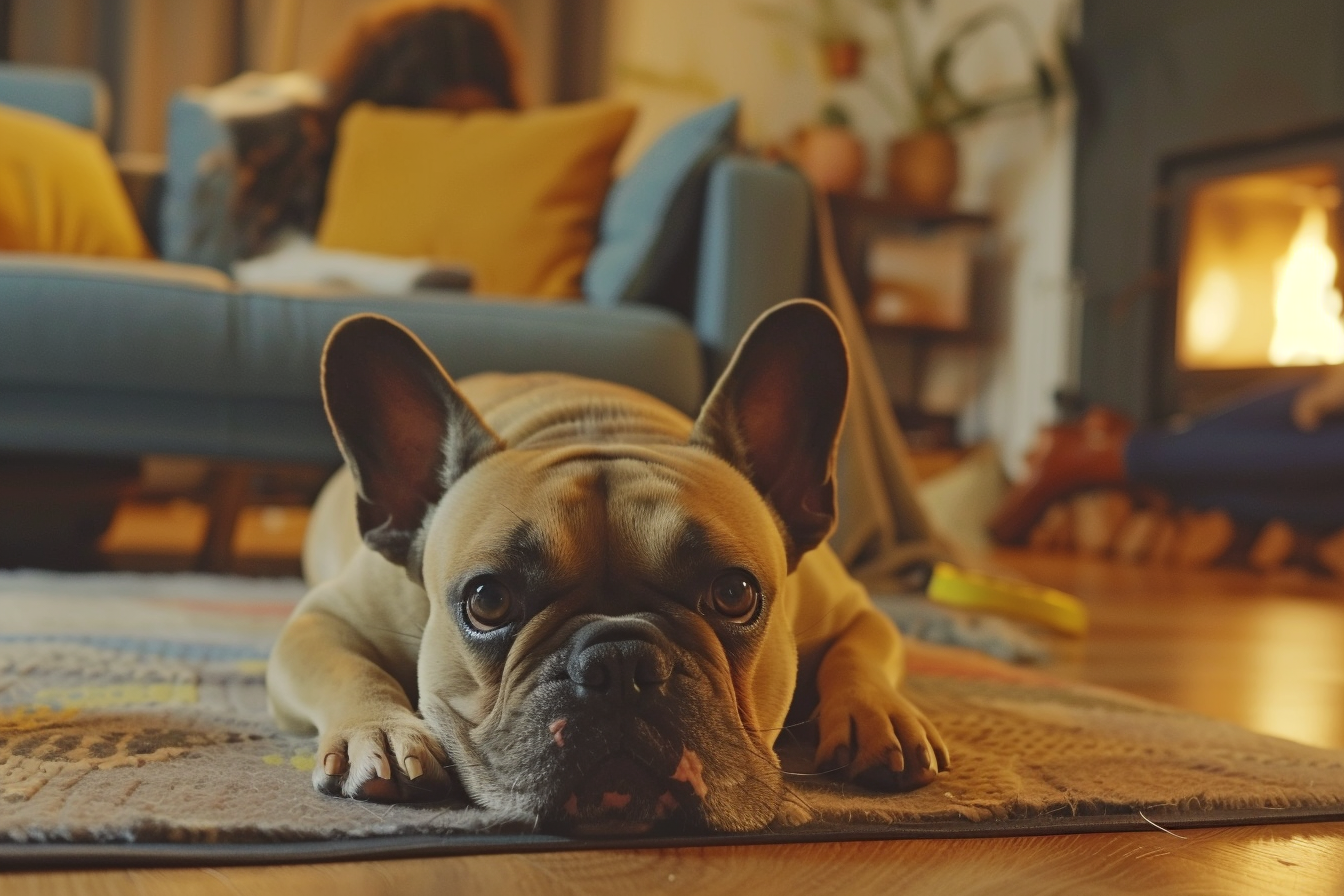 cozy living room with a French Bulldog resting