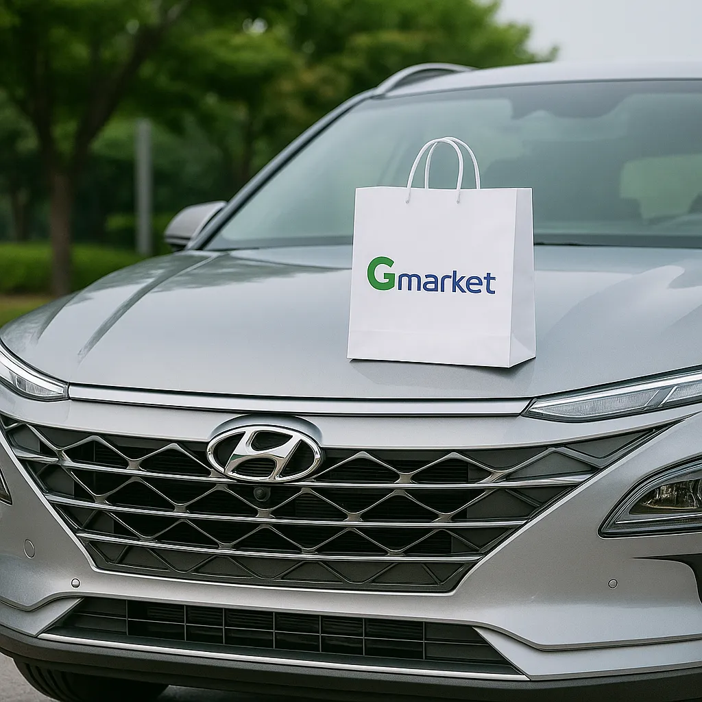 현대 SUV 보닛 위에 G마켓 쇼핑백