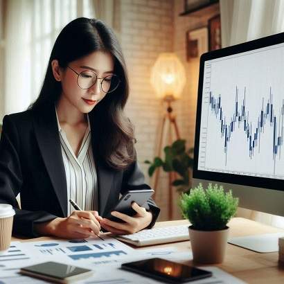 주식차트를 보고 정리하는 여자