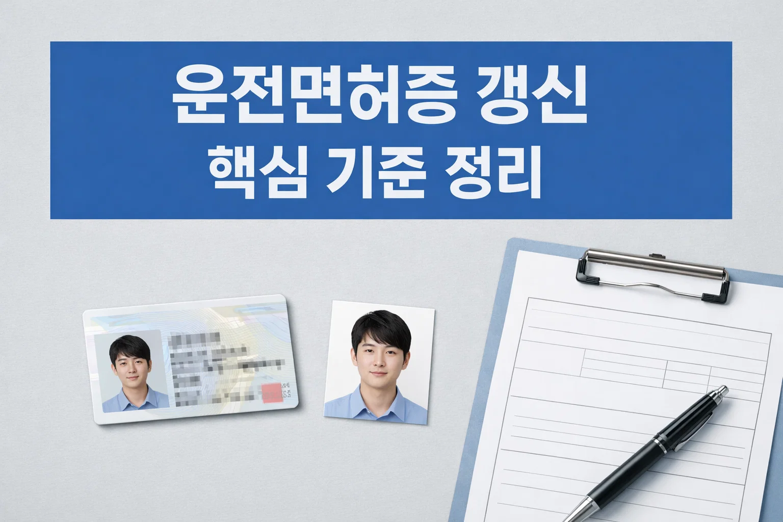 운전면허증 갱신 글의 전체 주제를 보여주는 썸네일 이미지로 준비물, 인터넷 신청, 적성검사, 기간 초과 여부까지 실제 기준을 한눈에 이해하도록 구성한 화면